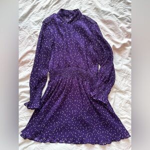 Zara Purple Polka Dot Mini Dress Built-In Shorts Long Sleeve Smocked Waist XS